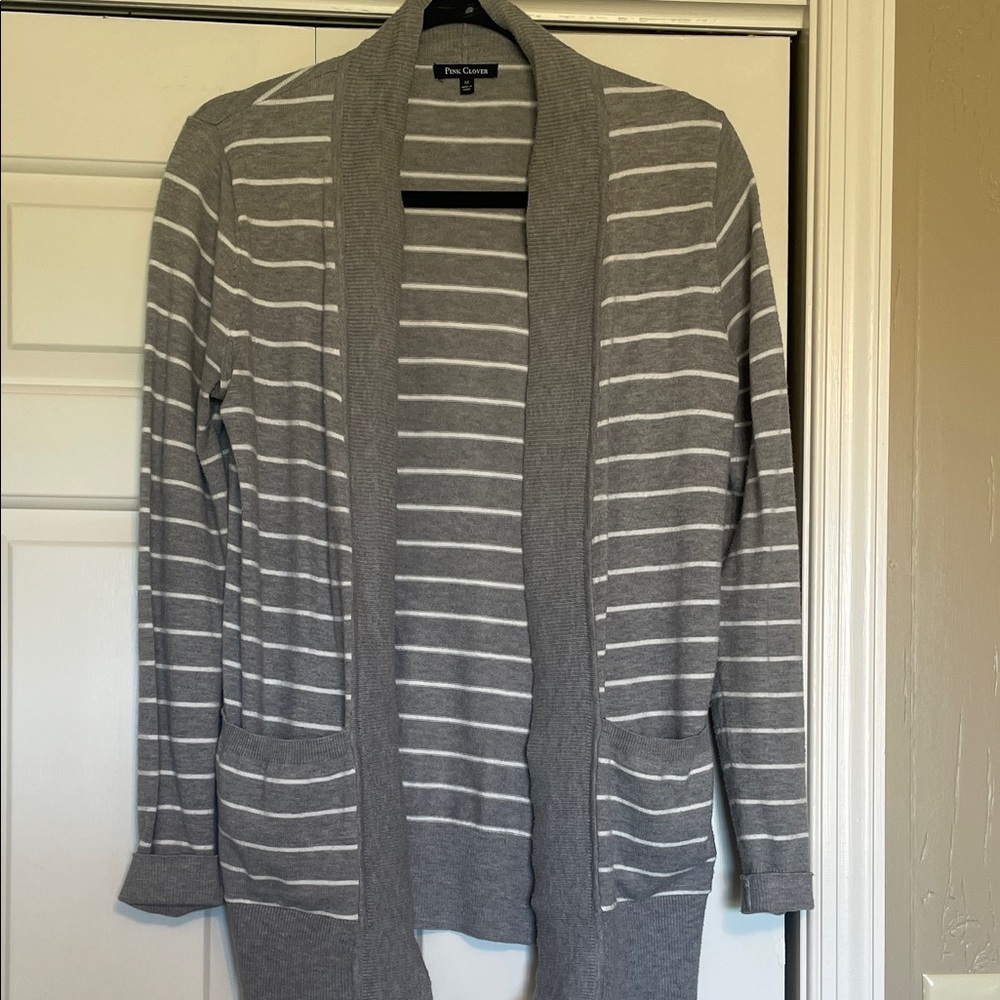 Pink Clover Gray and White Striped Open Cardigan